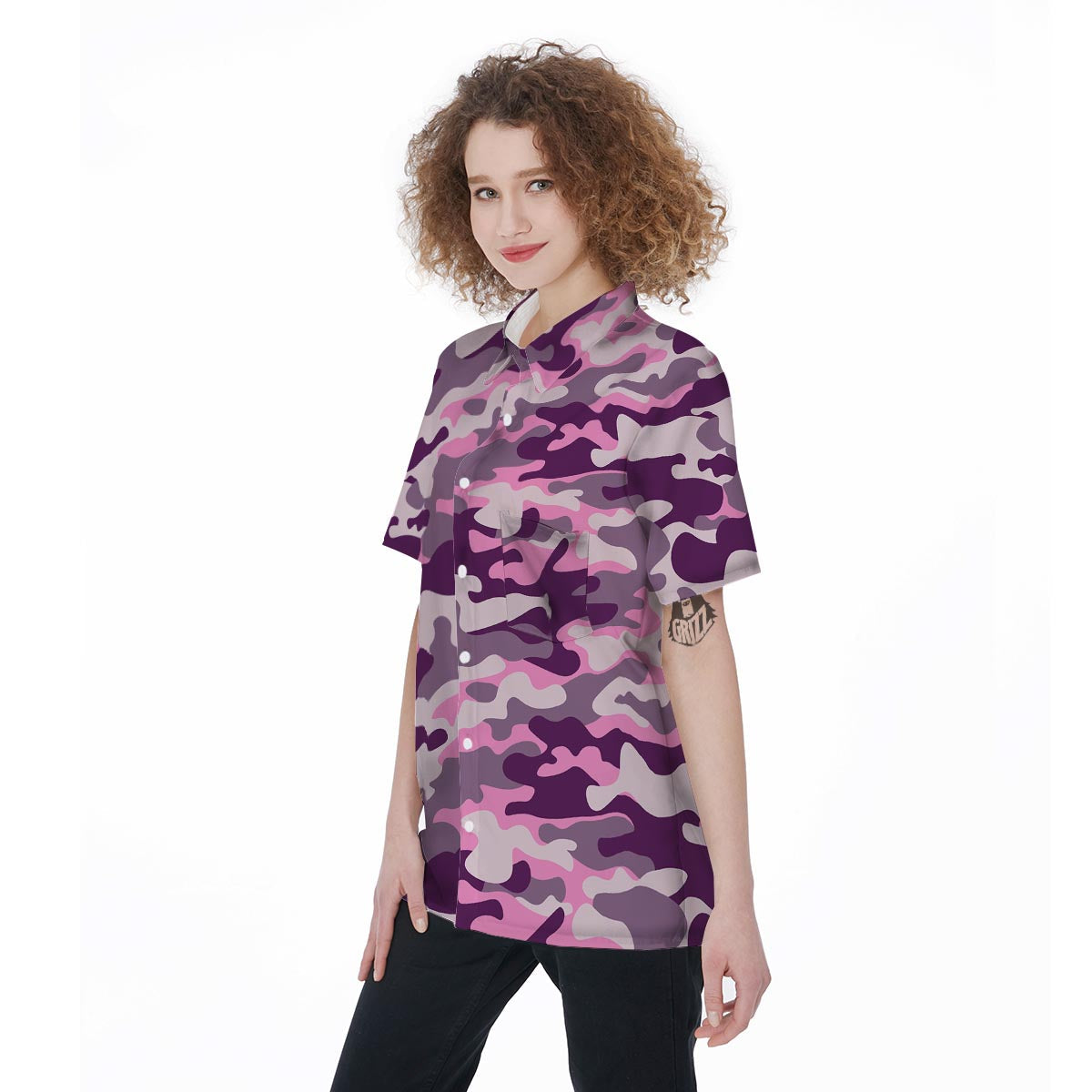 Pink Camouflage Print Women's Short Sleeve Shirts-grizzshop