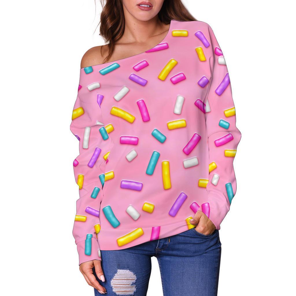 Pink Candy Pattern Print Women Off Shoulder Sweatshirt-grizzshop