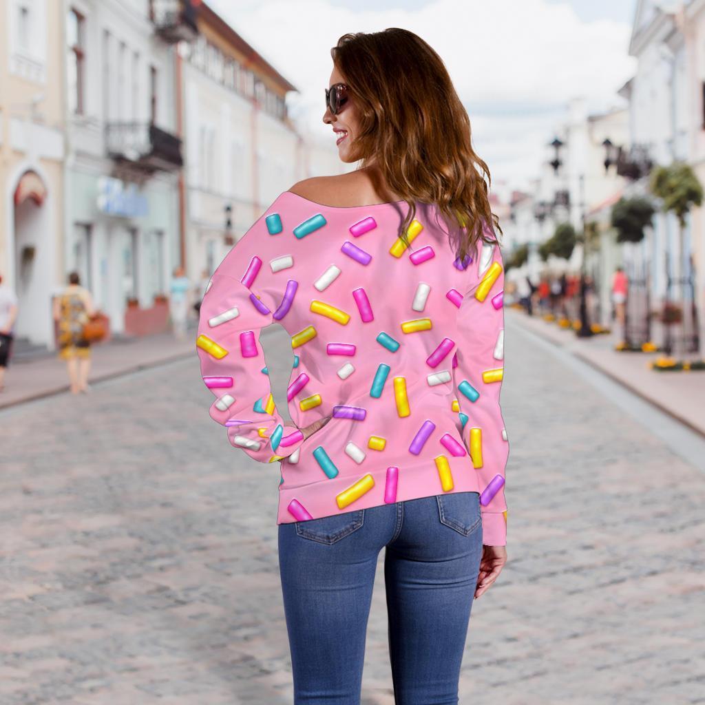 Pink Candy Pattern Print Women Off Shoulder Sweatshirt-grizzshop