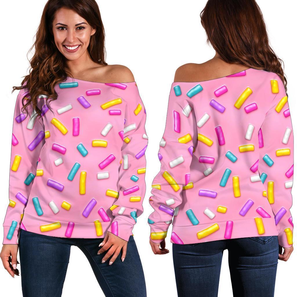 Pink Candy Pattern Print Women Off Shoulder Sweatshirt-grizzshop