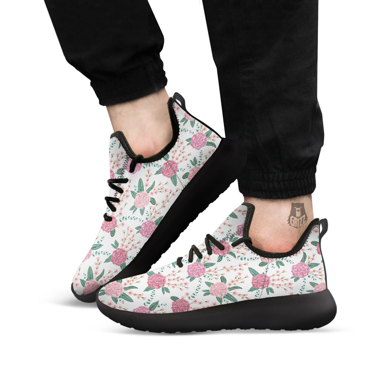 Pink Carnation White Print Pattern Black Athletic Shoes-grizzshop