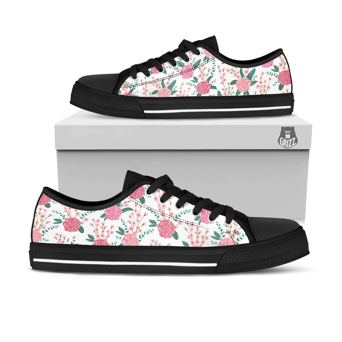 Pink Carnation White Print Pattern Black Low Top Shoes-grizzshop