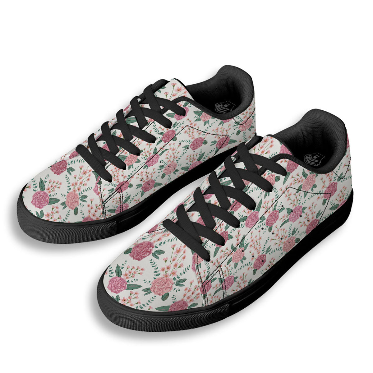Pink Carnation White Print Pattern Black Low Top Sneakers-grizzshop
