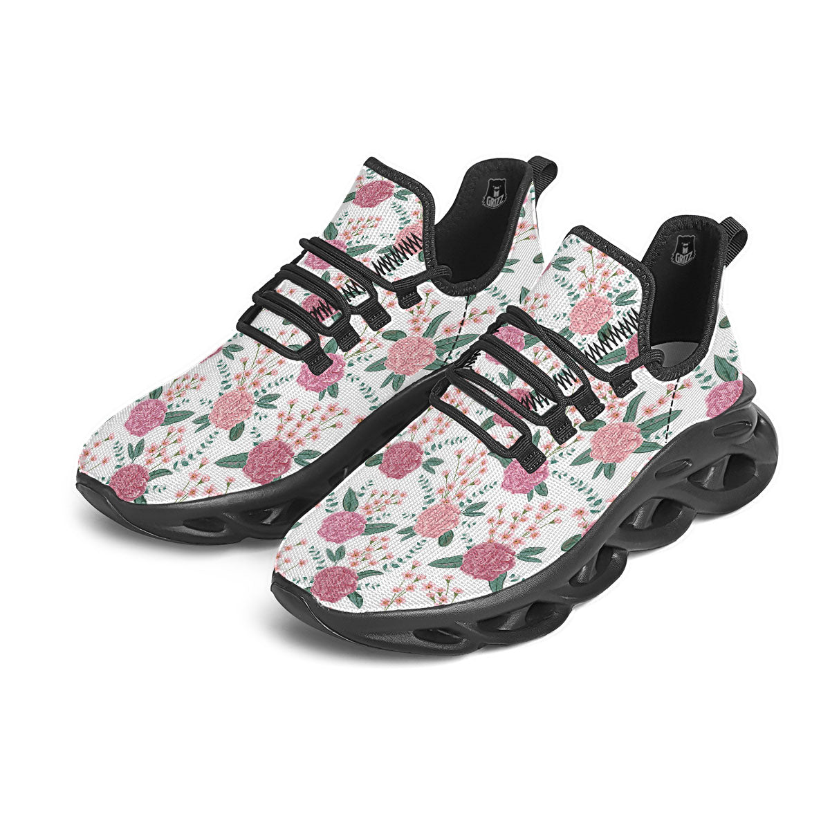 Pink Carnation White Print Pattern Black Running Shoes-grizzshop