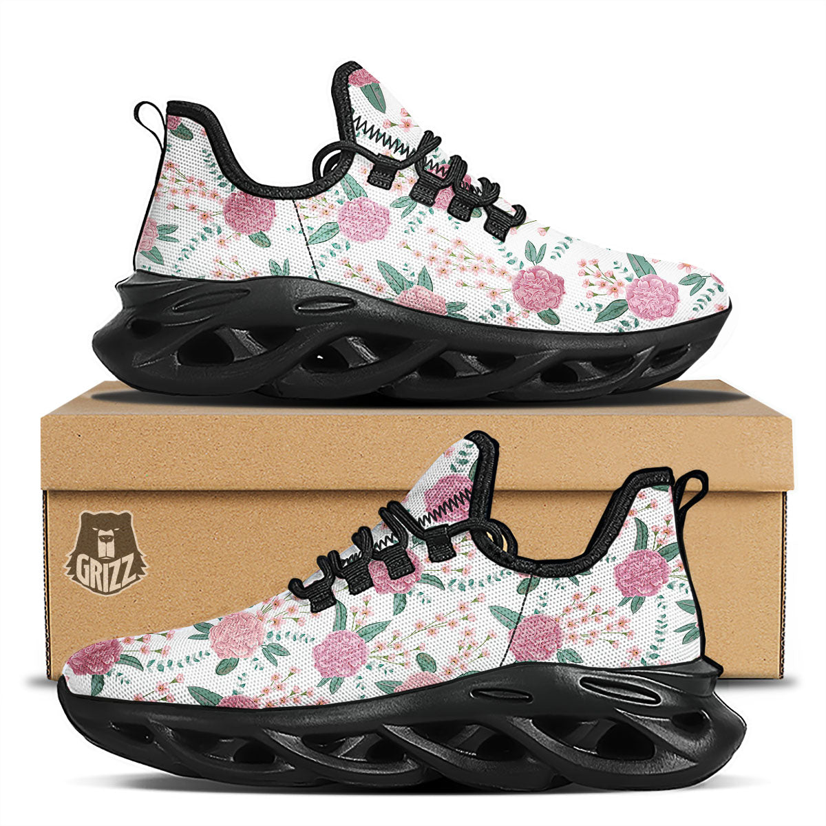 Pink Carnation White Print Pattern Black Running Shoes-grizzshop
