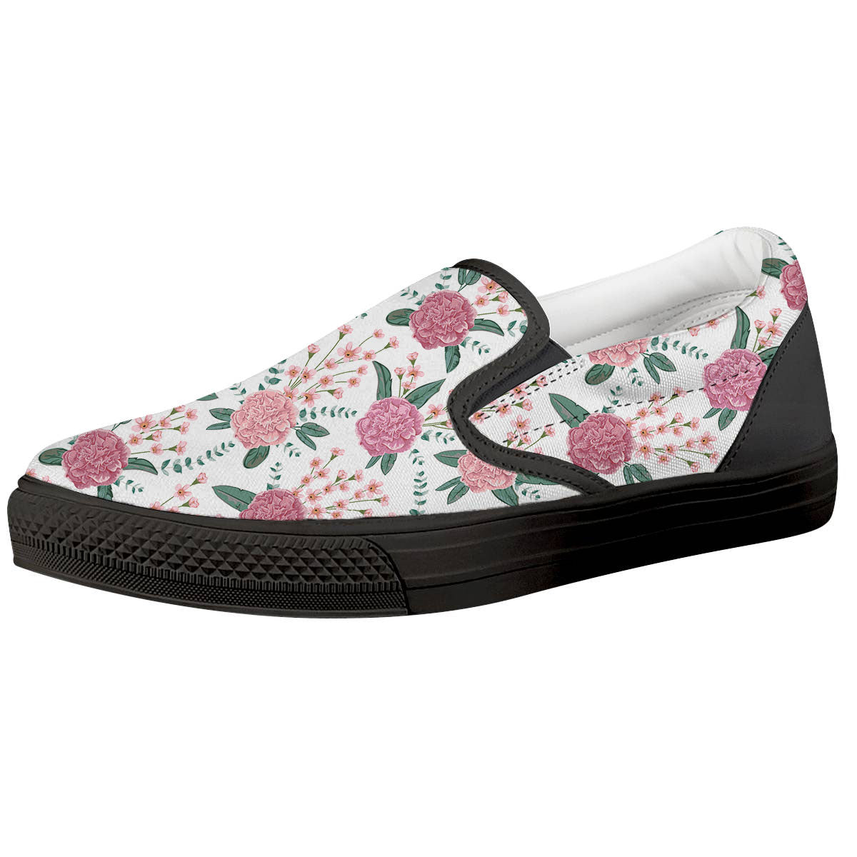 Pink Carnation White Print Pattern Black Slip On Shoes-grizzshop