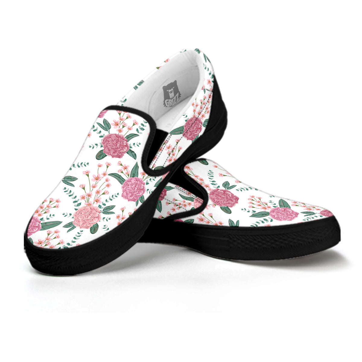 Pink Carnation White Print Pattern Black Slip On Shoes-grizzshop