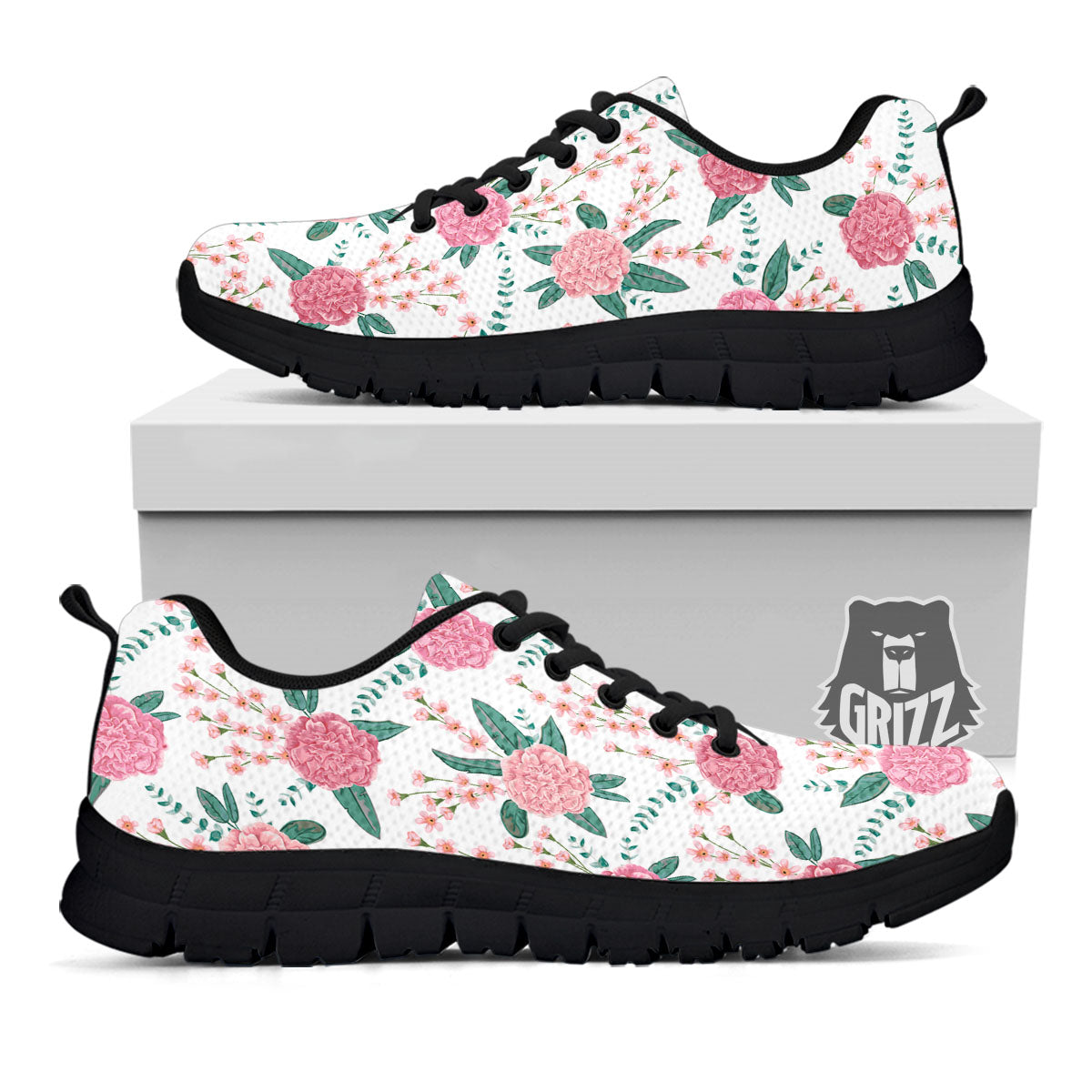 Pink Carnation White Print Pattern Black Sneaker-grizzshop