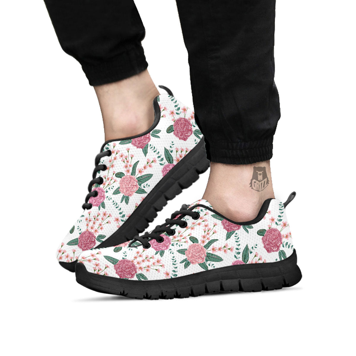 Pink Carnation White Print Pattern Black Sneaker-grizzshop