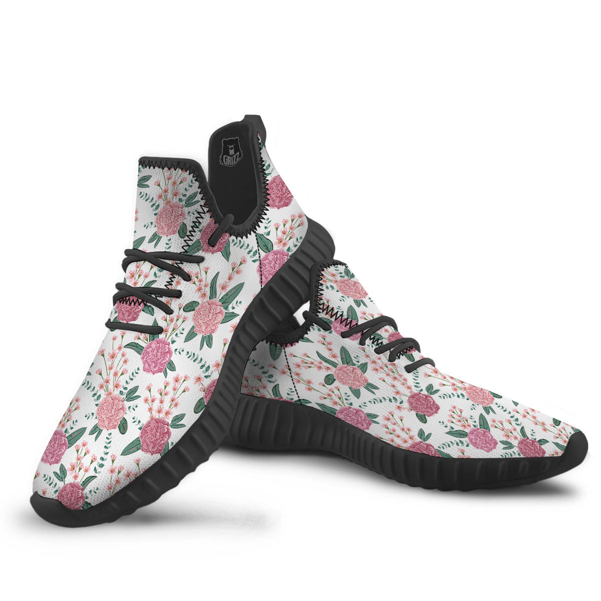 Pink Carnation White Print Pattern Black Walking Shoes-grizzshop