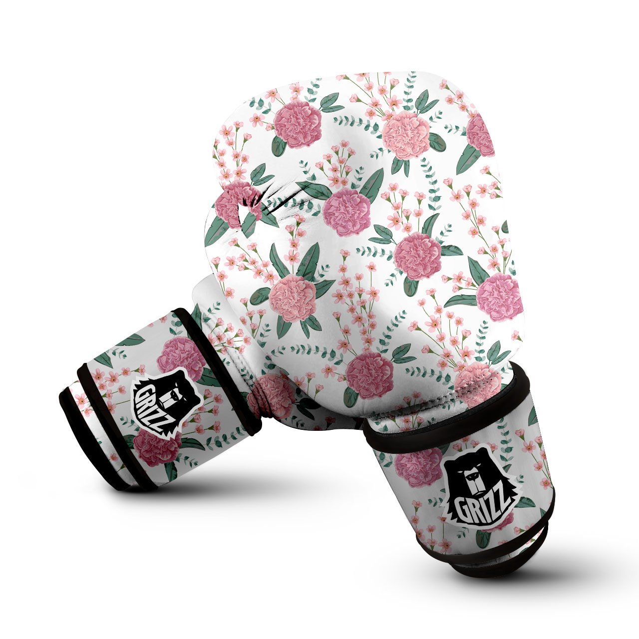 Pink Carnation White Print Pattern Boxing Gloves-grizzshop