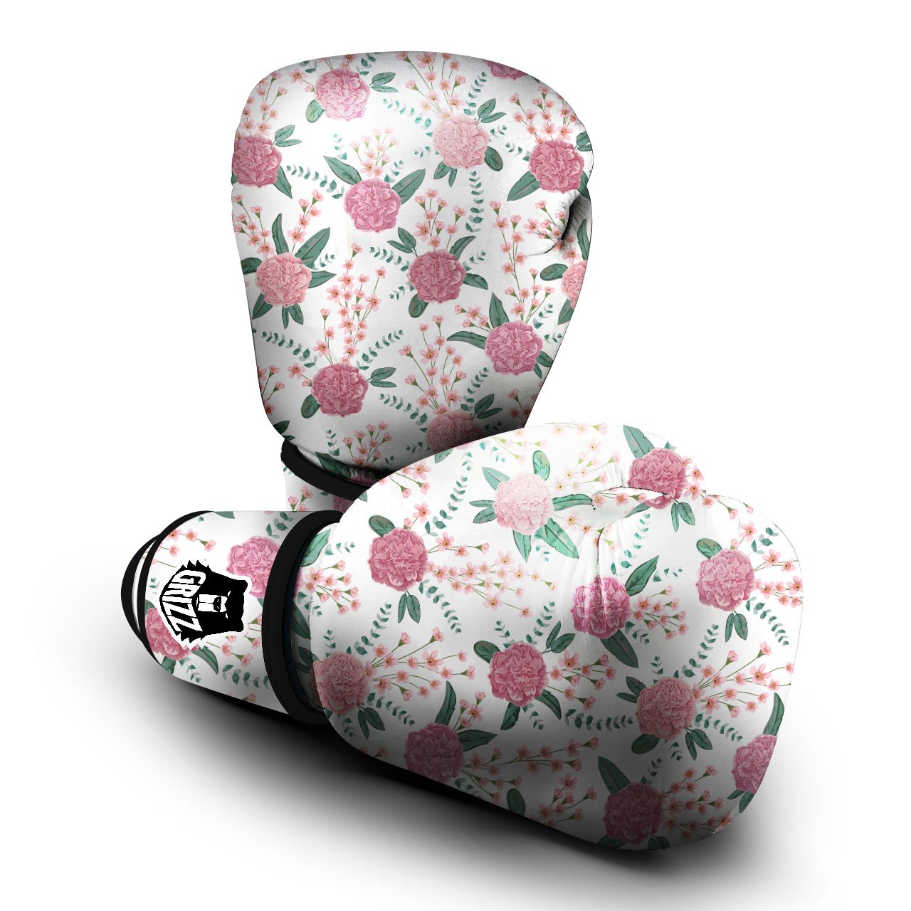 Pink Carnation White Print Pattern Boxing Gloves-grizzshop