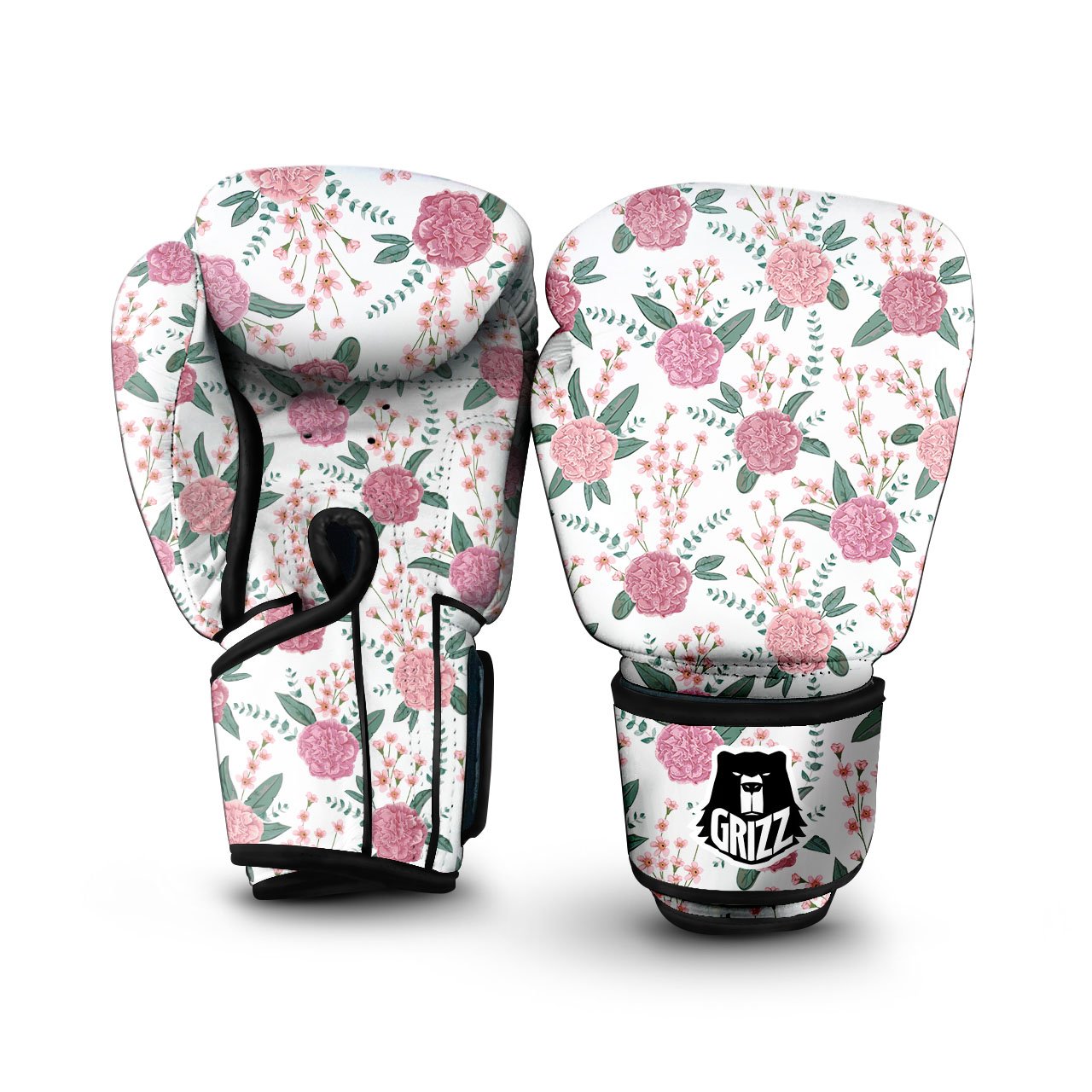 Pink Carnation White Print Pattern Boxing Gloves-grizzshop