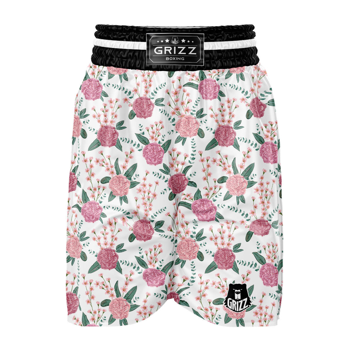 Pink Carnation White Print Pattern Boxing Shorts-grizzshop
