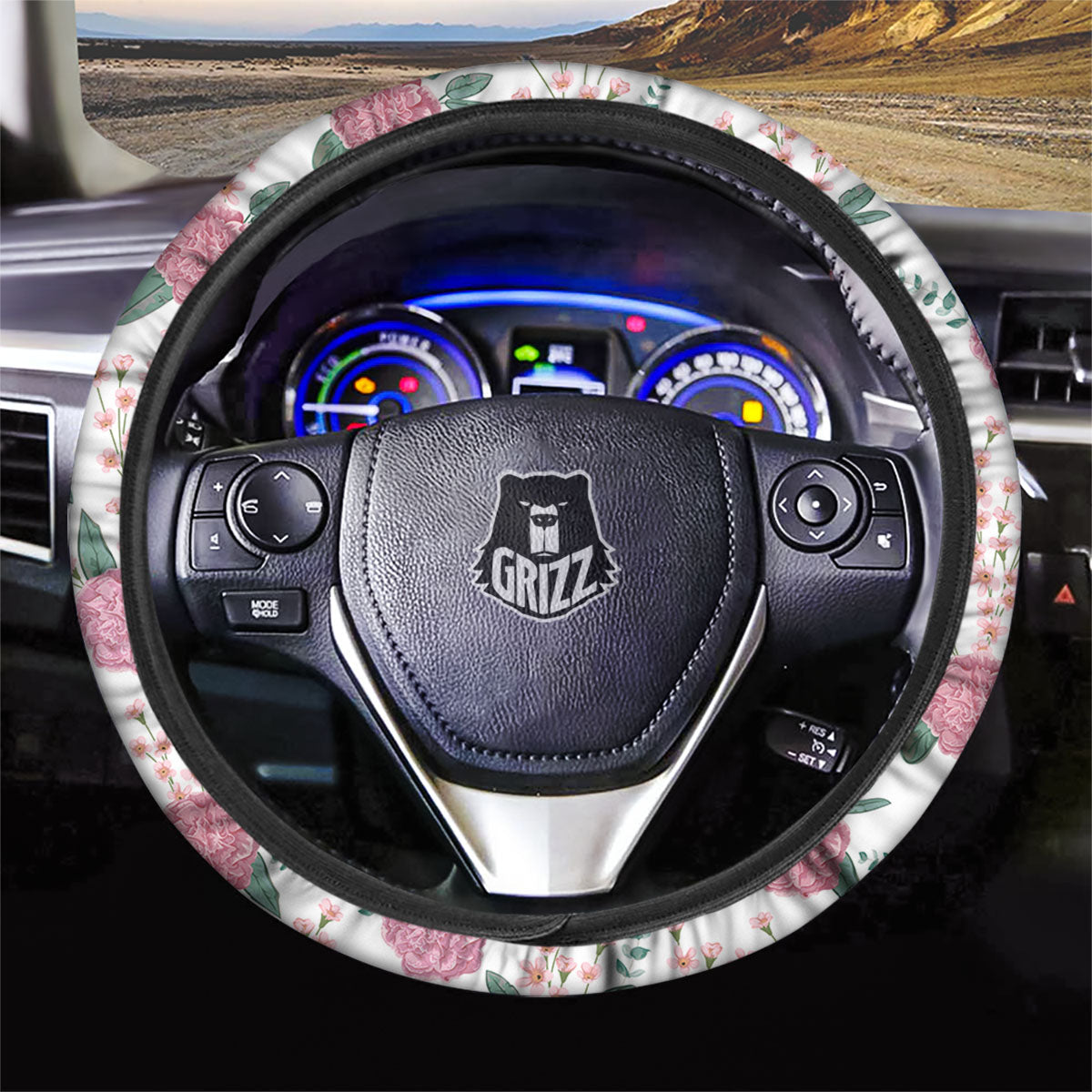 Pink Carnation White Print Pattern Car Steering Wheel Cover-grizzshop