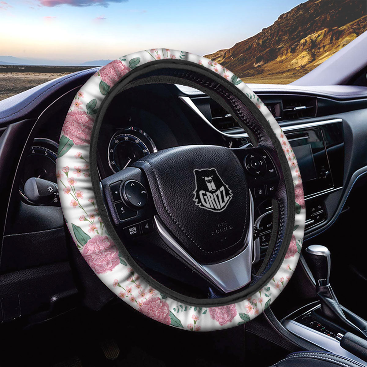 Pink Carnation White Print Pattern Car Steering Wheel Cover-grizzshop