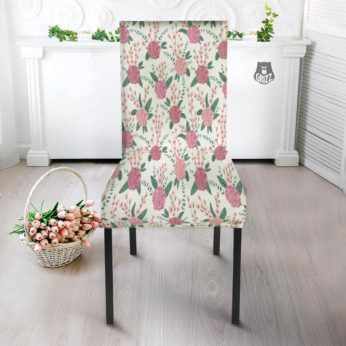 Pink Carnation White Print Pattern Dining Chair Slipcover-grizzshop