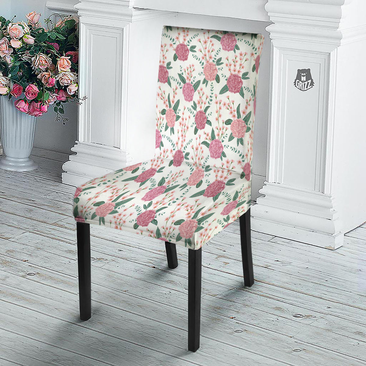 Pink Carnation White Print Pattern Dining Chair Slipcover-grizzshop