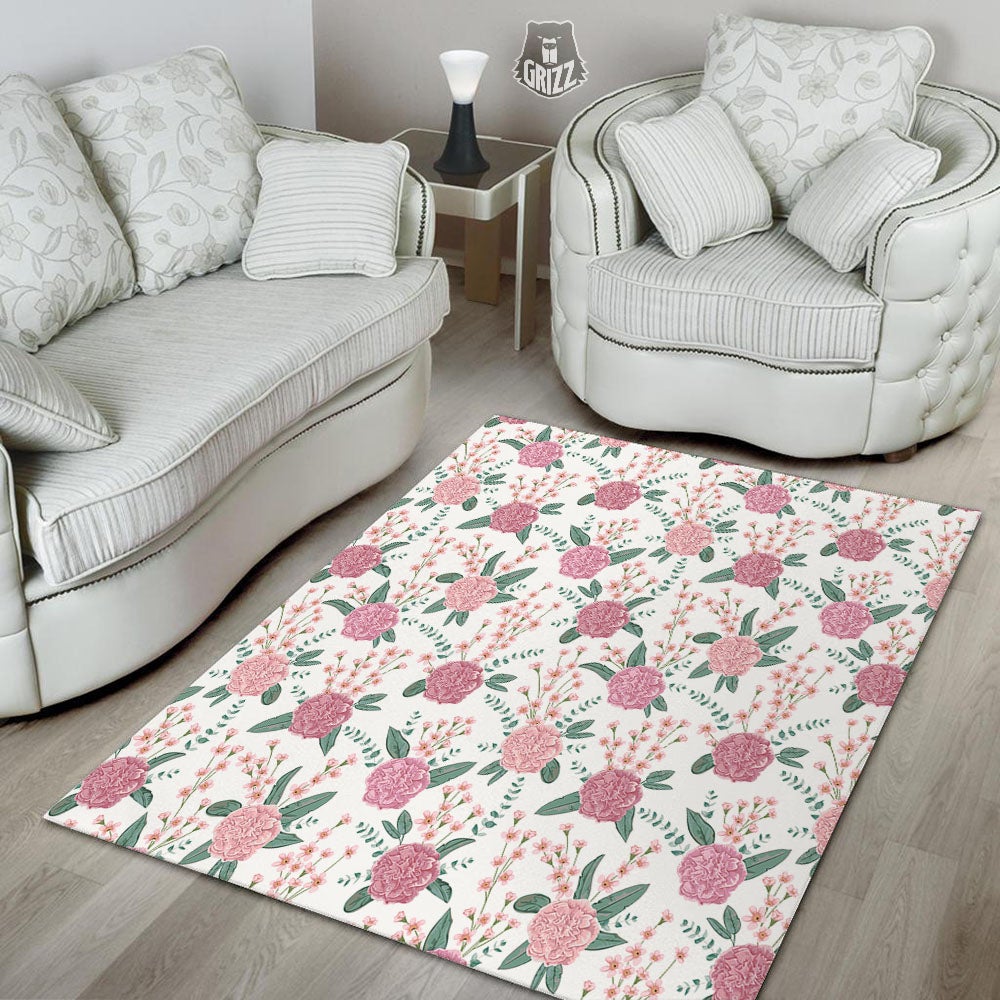 Pink Carnation White Print Pattern Floor Mat-grizzshop