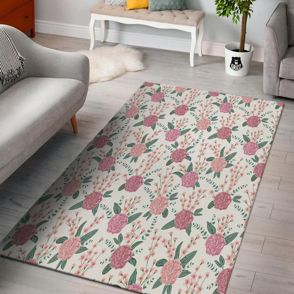 Pink Carnation White Print Pattern Floor Mat-grizzshop