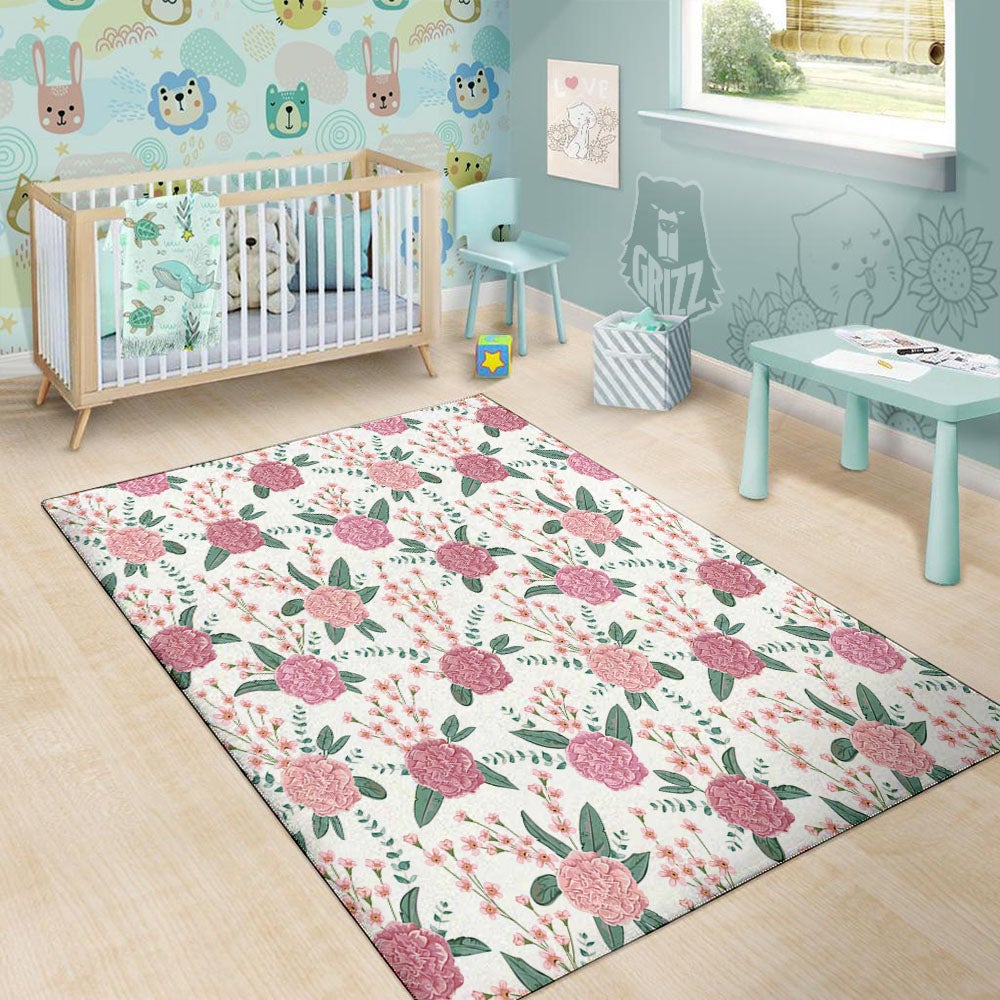 Pink Carnation White Print Pattern Floor Mat-grizzshop