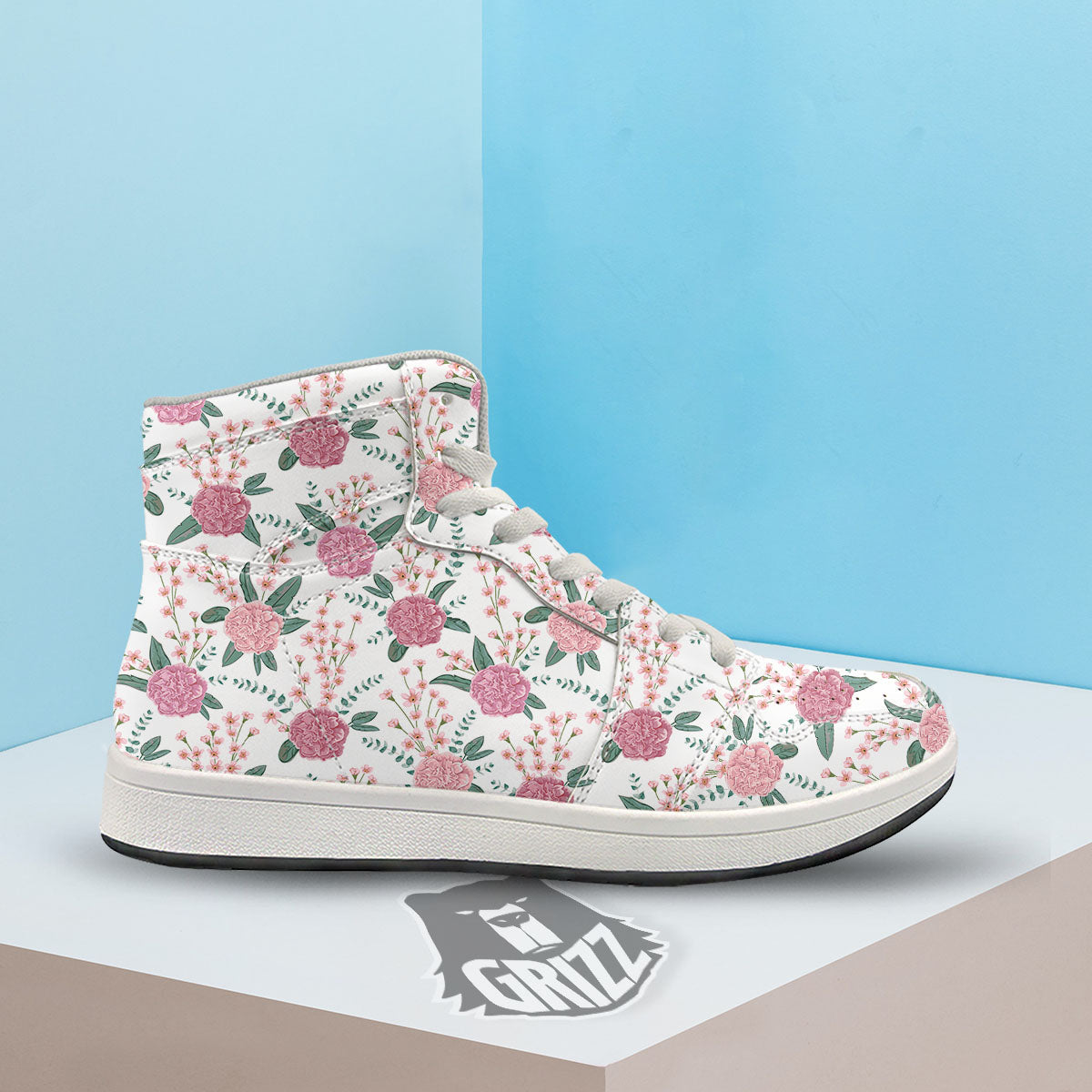Pink Carnation White Print Pattern High Top Sneakers-grizzshop