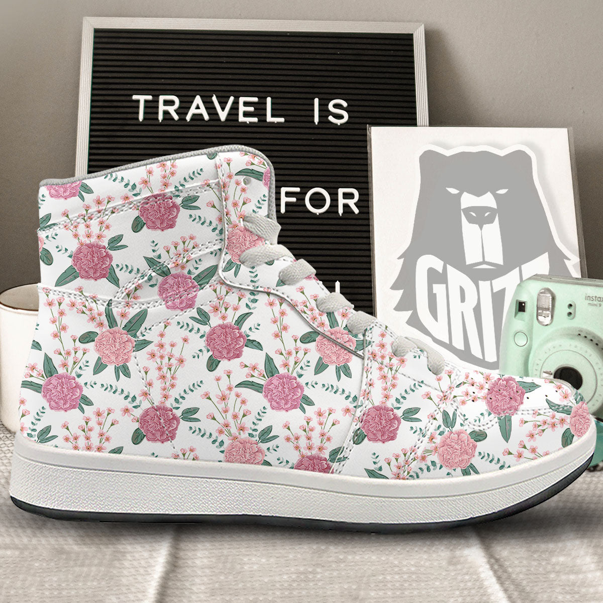Pink Carnation White Print Pattern High Top Sneakers-grizzshop