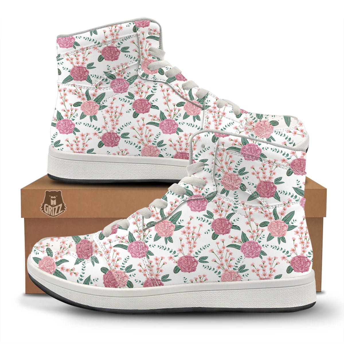 Pink Carnation White Print Pattern High Top Sneakers-grizzshop