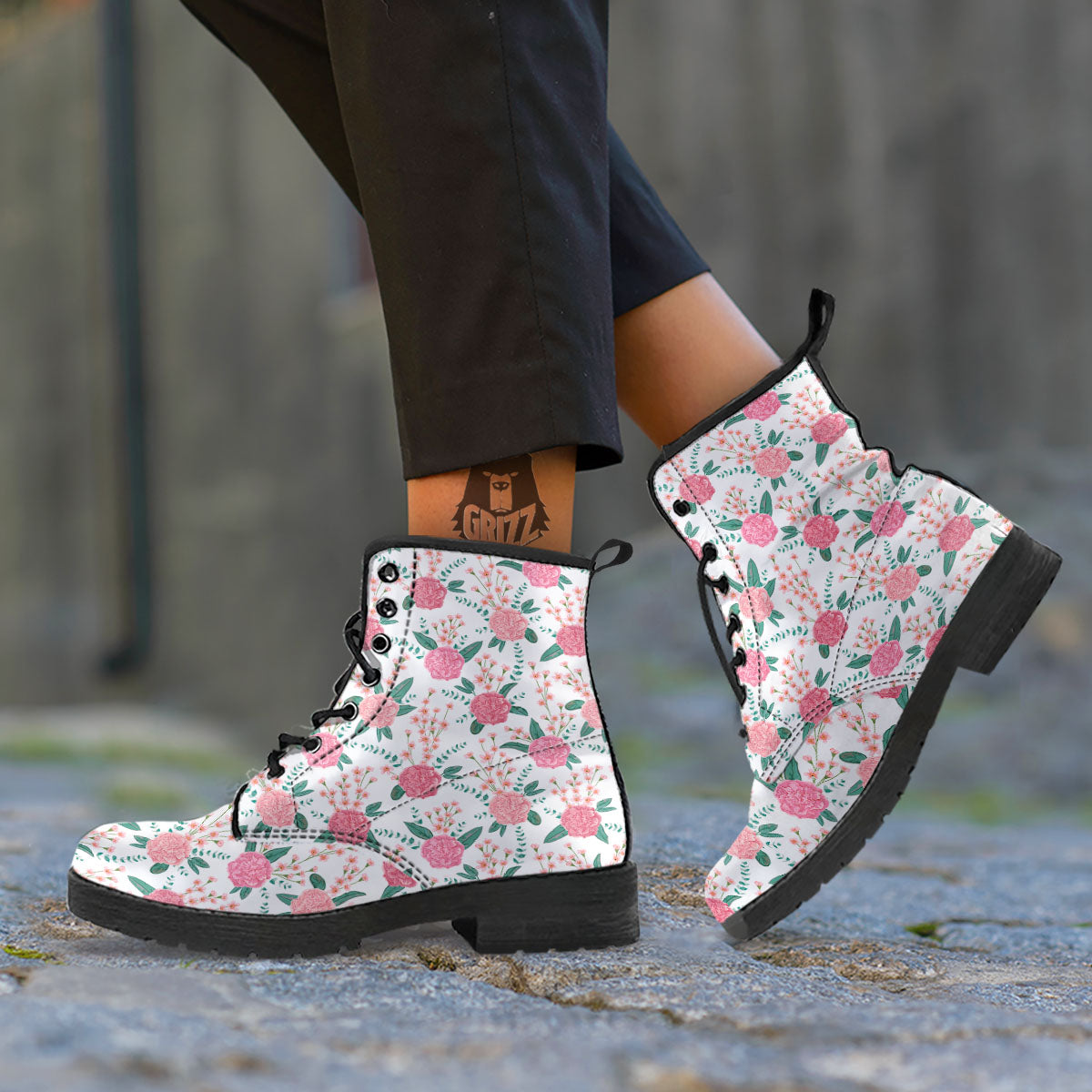 Pink Carnation White Print Pattern Leather Boots-grizzshop