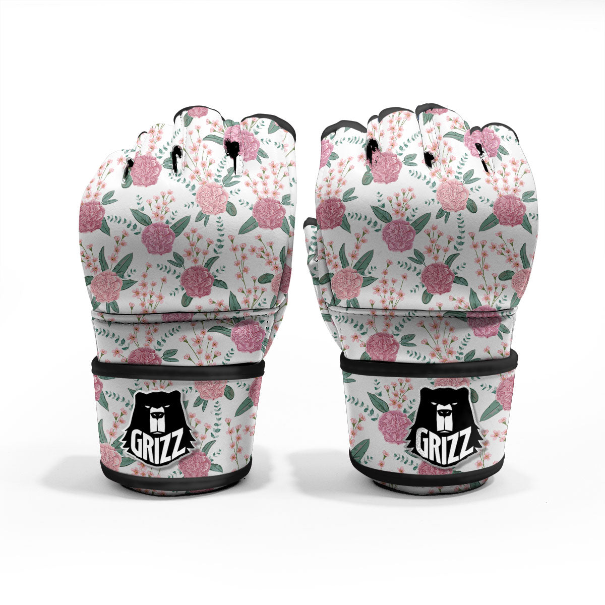 Pink Carnation White Print Pattern MMA Gloves-grizzshop