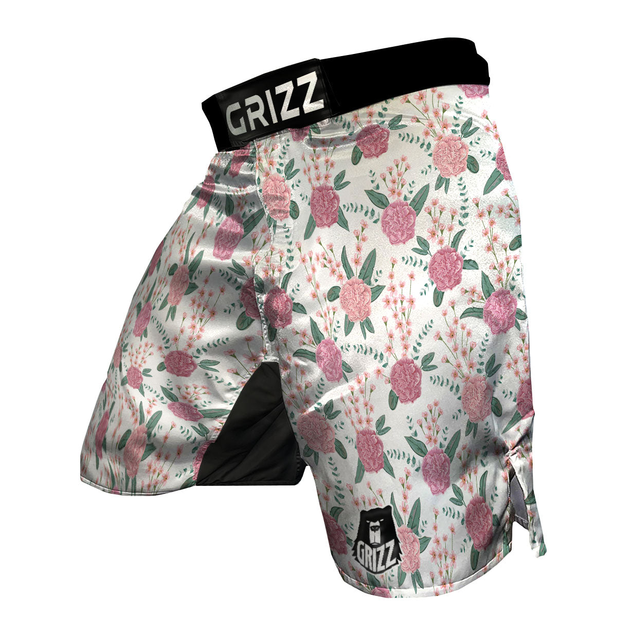 Pink Carnation White Print Pattern MMA Shorts-grizzshop