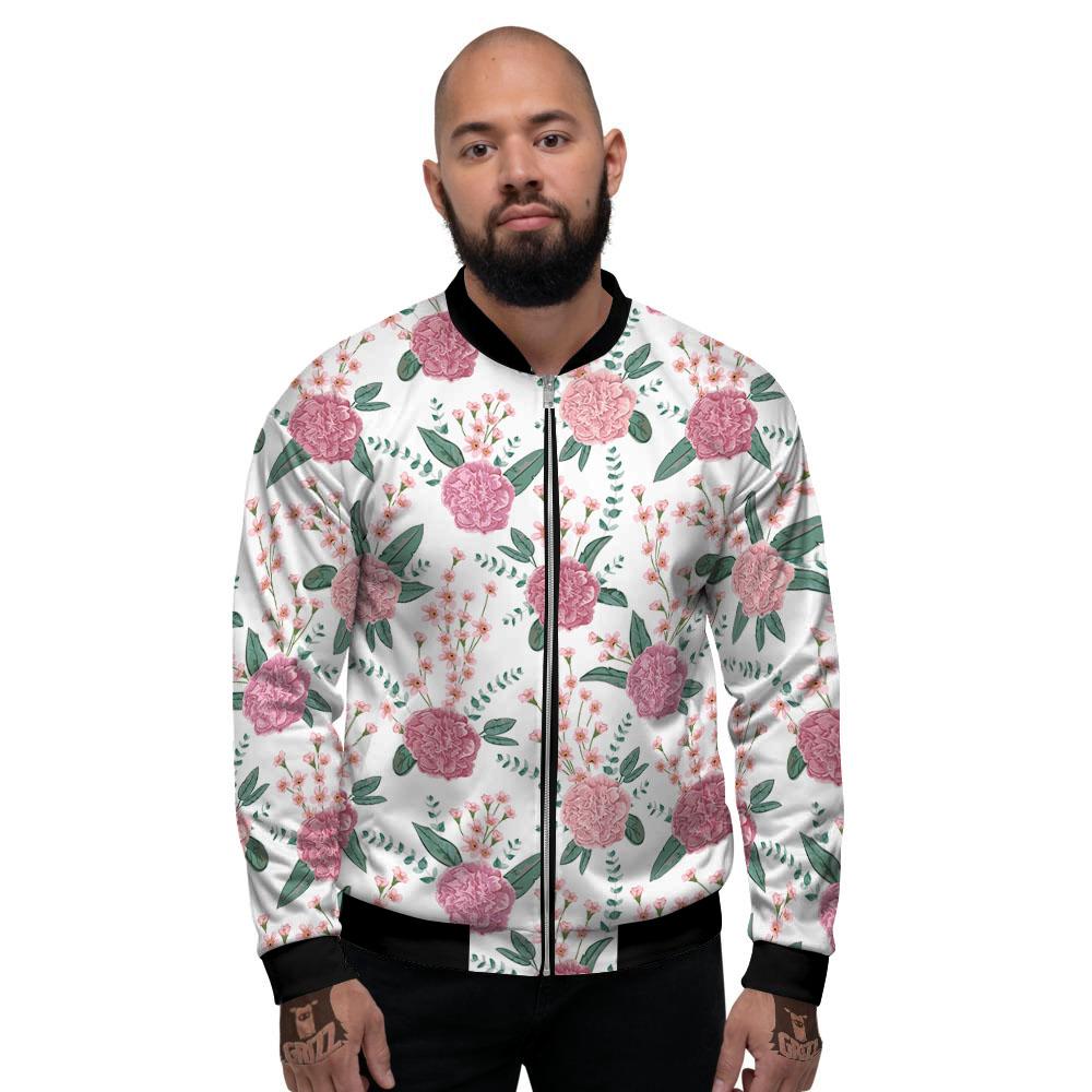 Pink Carnation White Print Pattern Men's Bomber Jacket-grizzshop