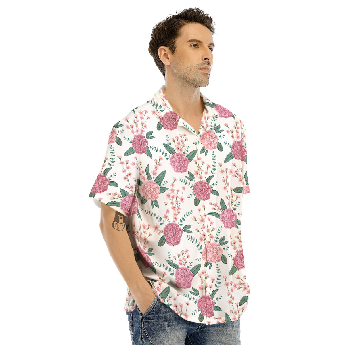 Pink Carnation White Print Pattern Men's Hawaiian Shirt-grizzshop