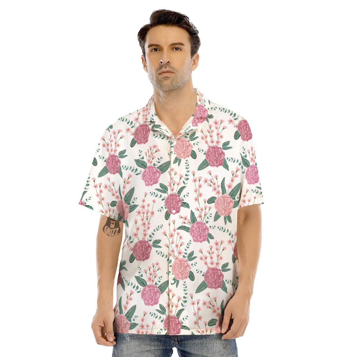 Pink Carnation White Print Pattern Men's Hawaiian Shirt-grizzshop