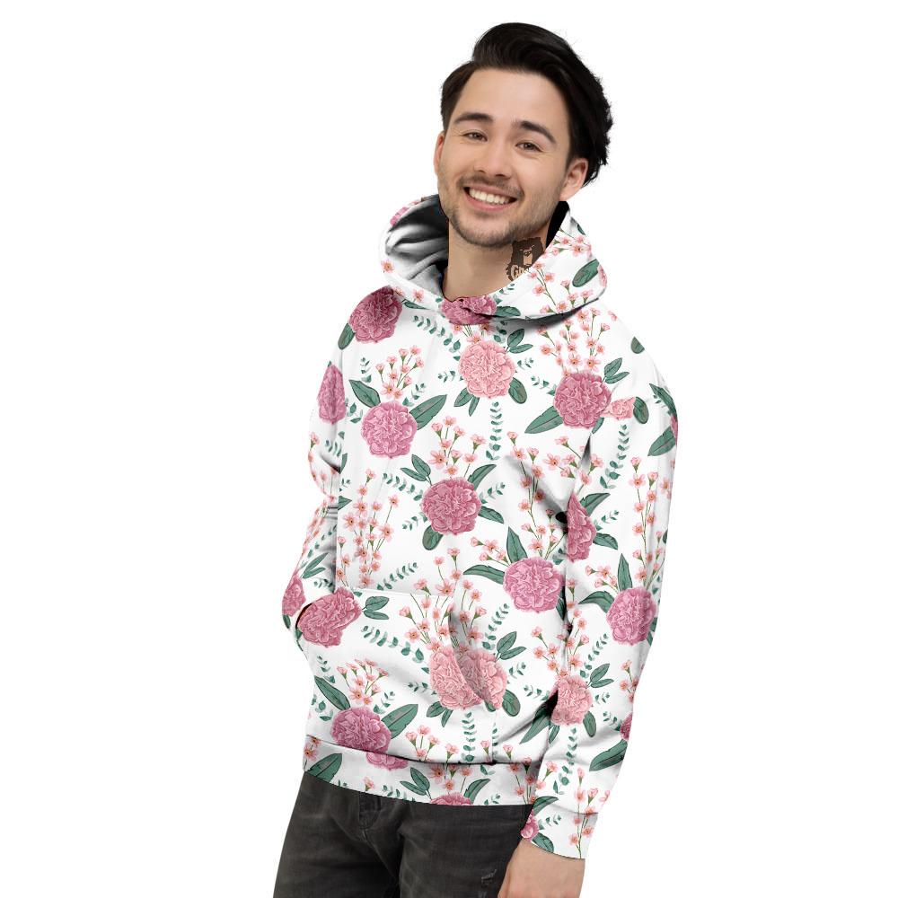 Pink Carnation White Print Pattern Men's Hoodie-grizzshop