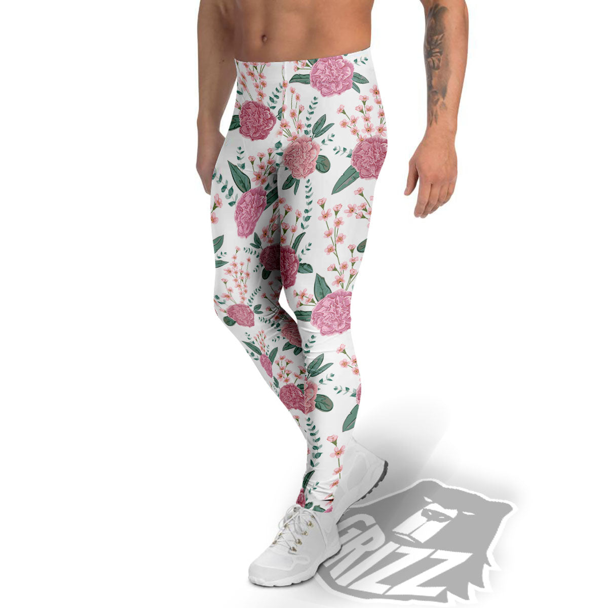 Pink Carnation White Print Pattern Men's Leggings-grizzshop
