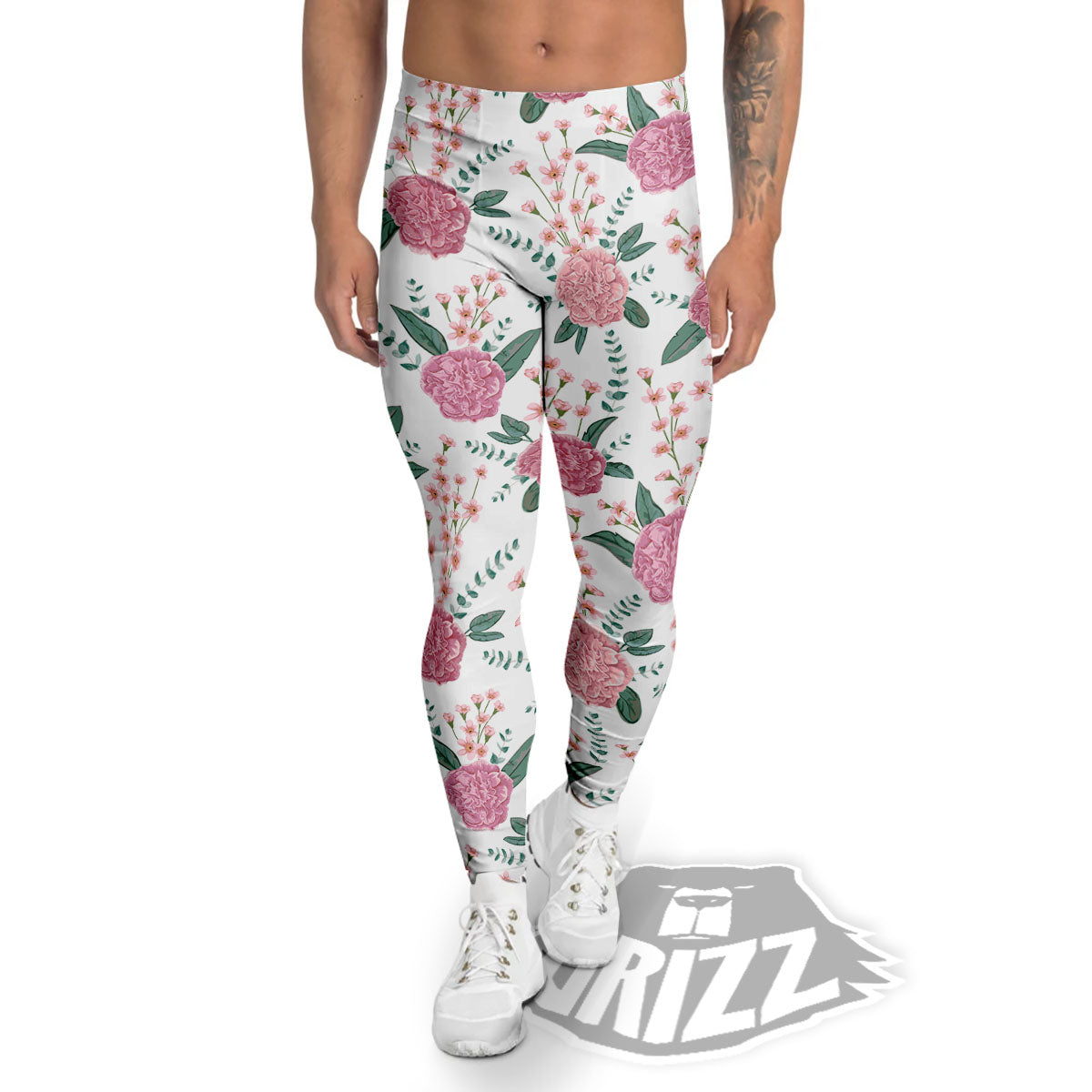 Pink Carnation White Print Pattern Men's Leggings-grizzshop