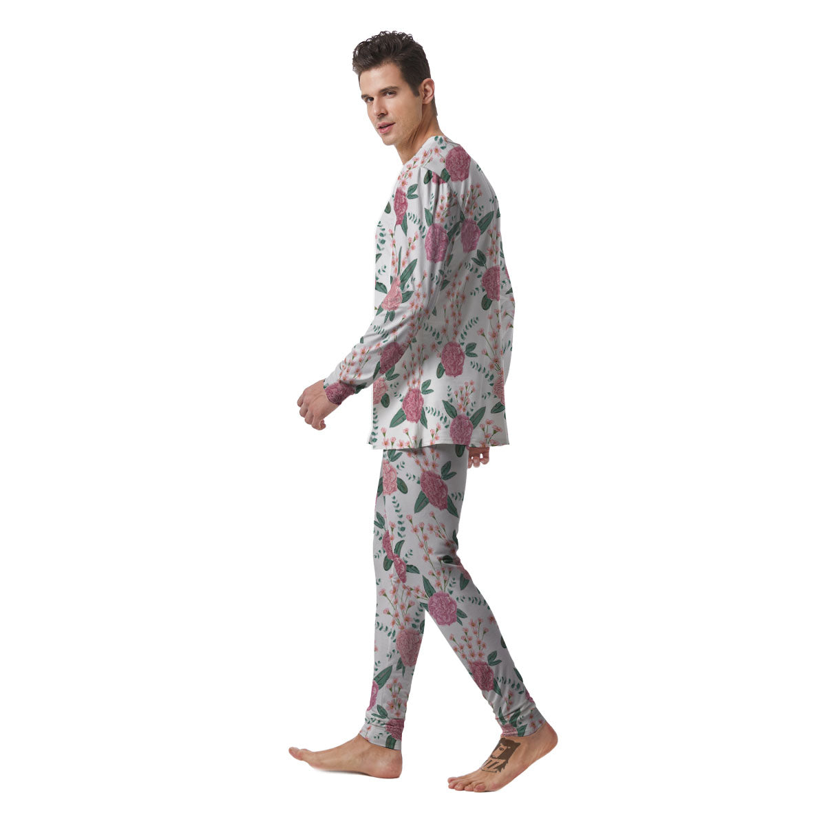 Pink Carnation White Print Pattern Men's Pajamas-grizzshop