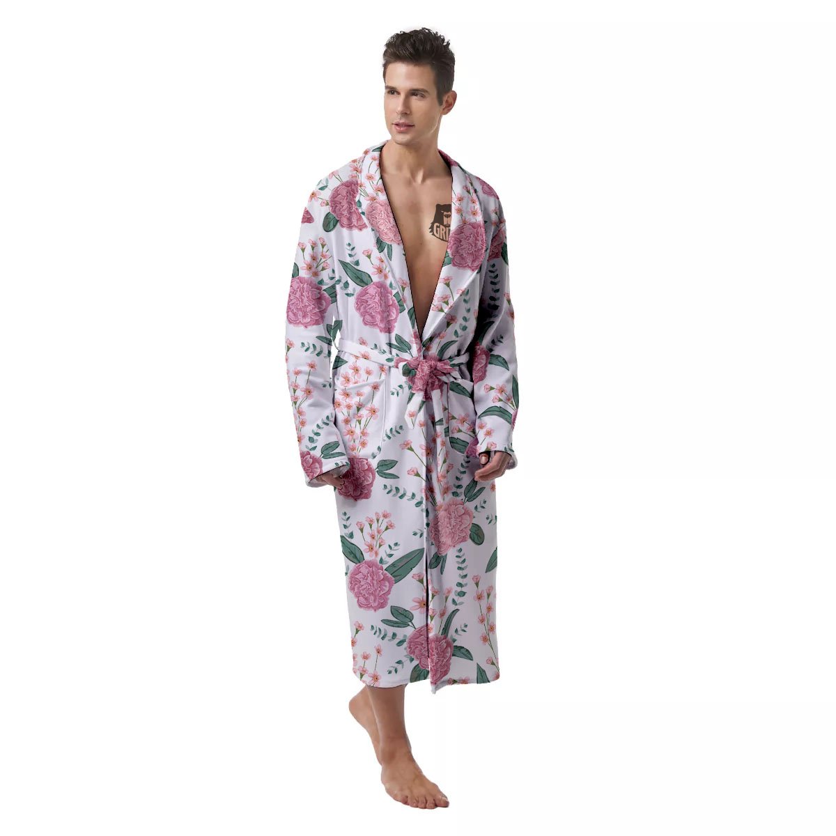 Pink Carnation White Print Pattern Men's Robe-grizzshop