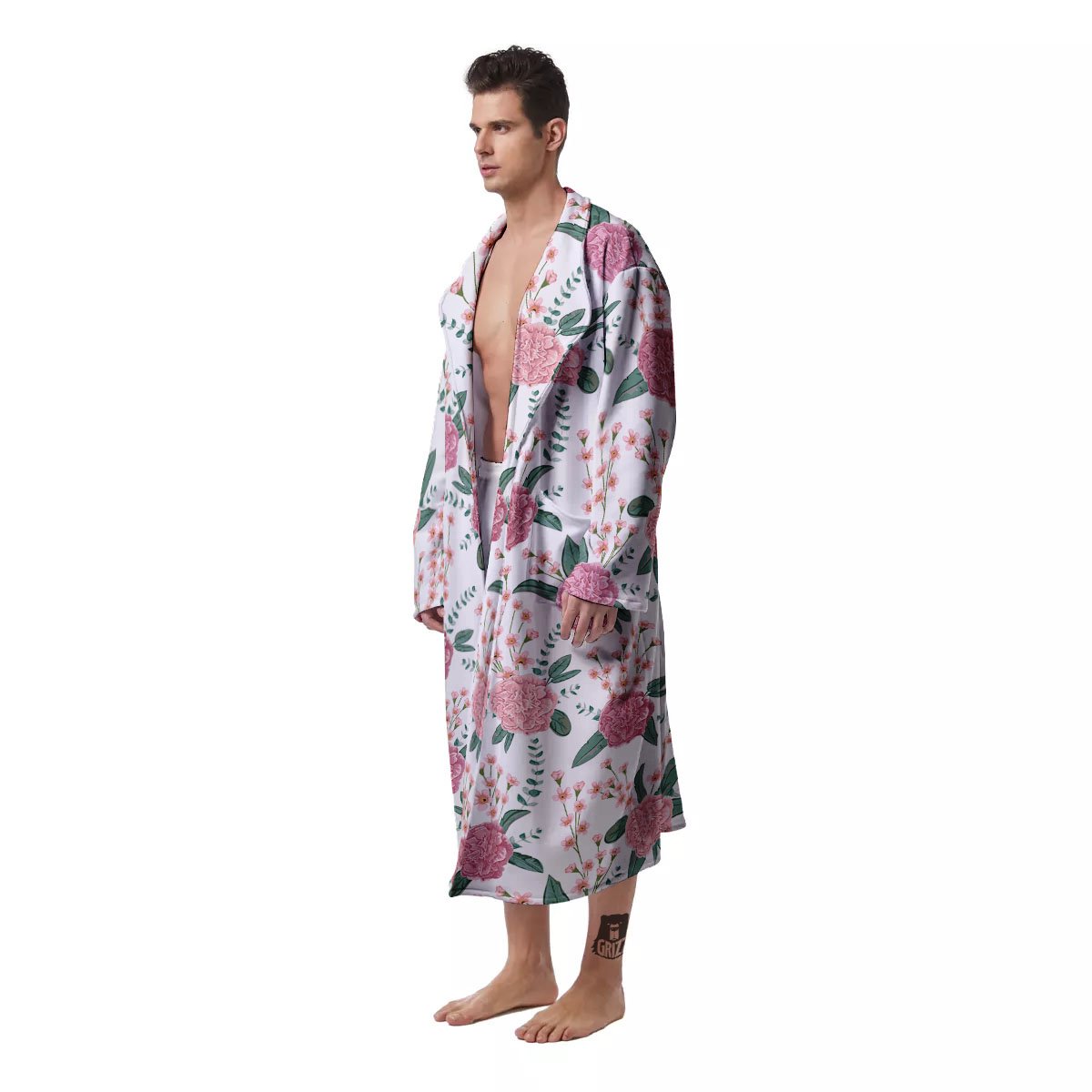 Pink Carnation White Print Pattern Men's Robe-grizzshop