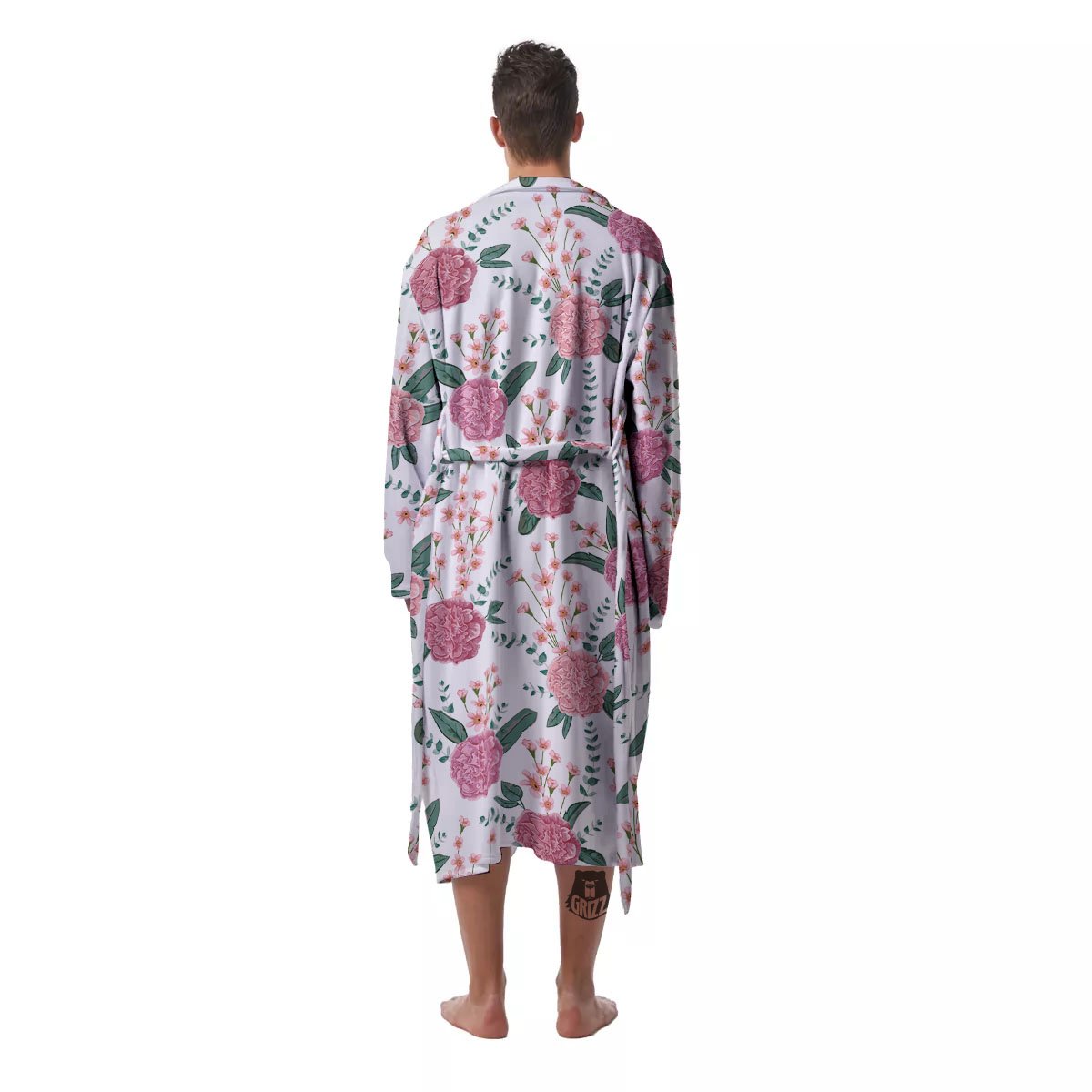 Pink Carnation White Print Pattern Men's Robe-grizzshop