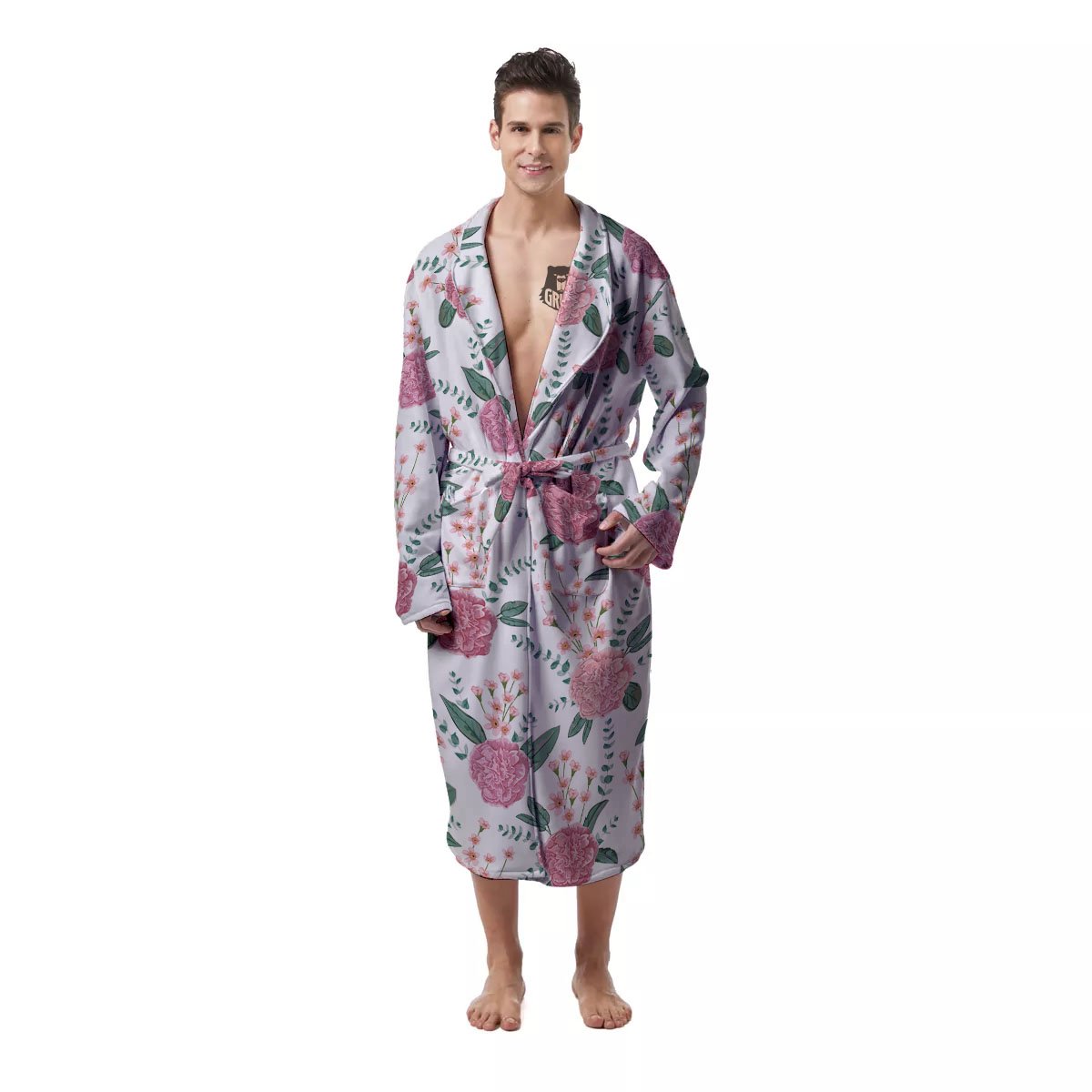 Pink Carnation White Print Pattern Men's Robe-grizzshop