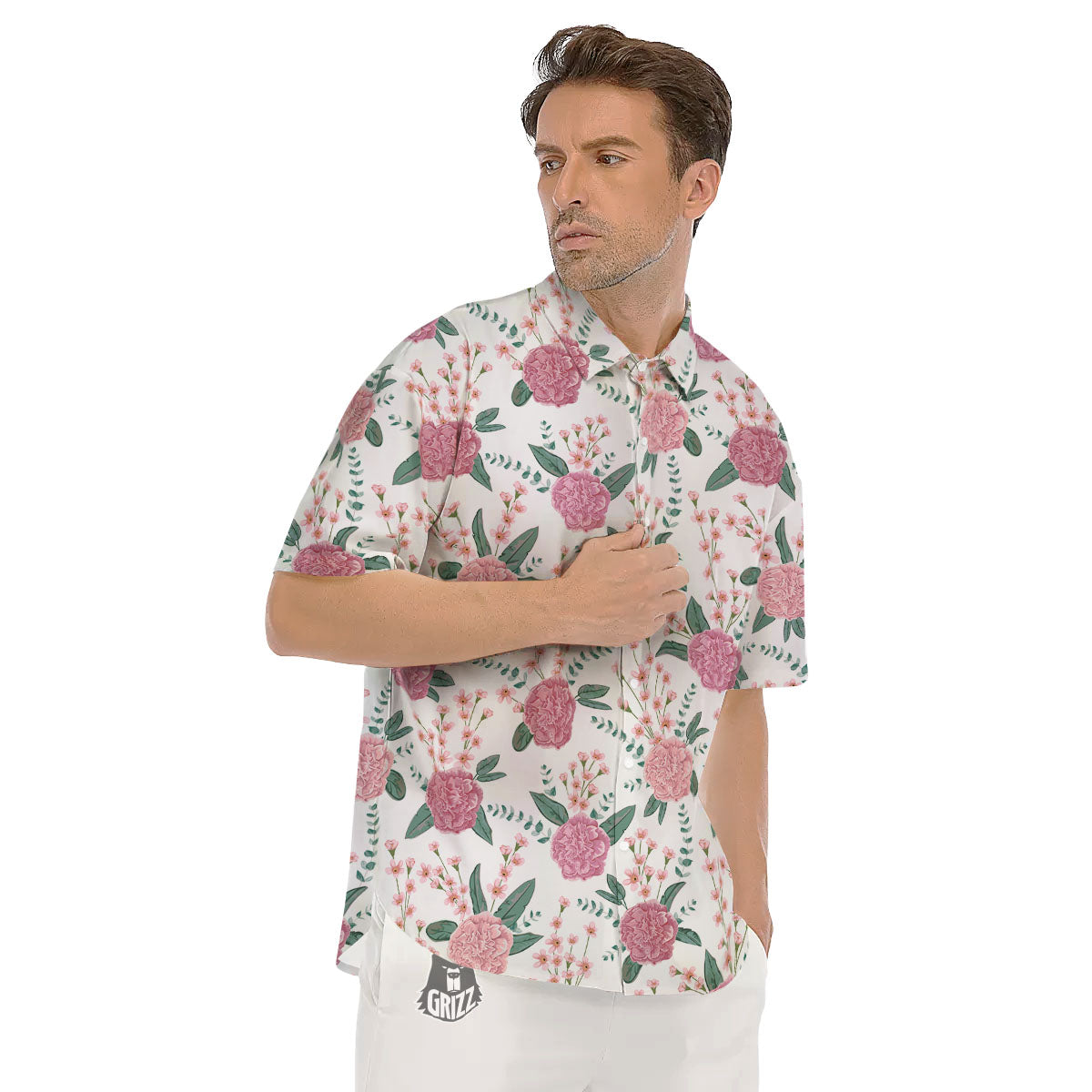 Pink Carnation White Print Pattern Men's Short Sleeve Shirts-grizzshop