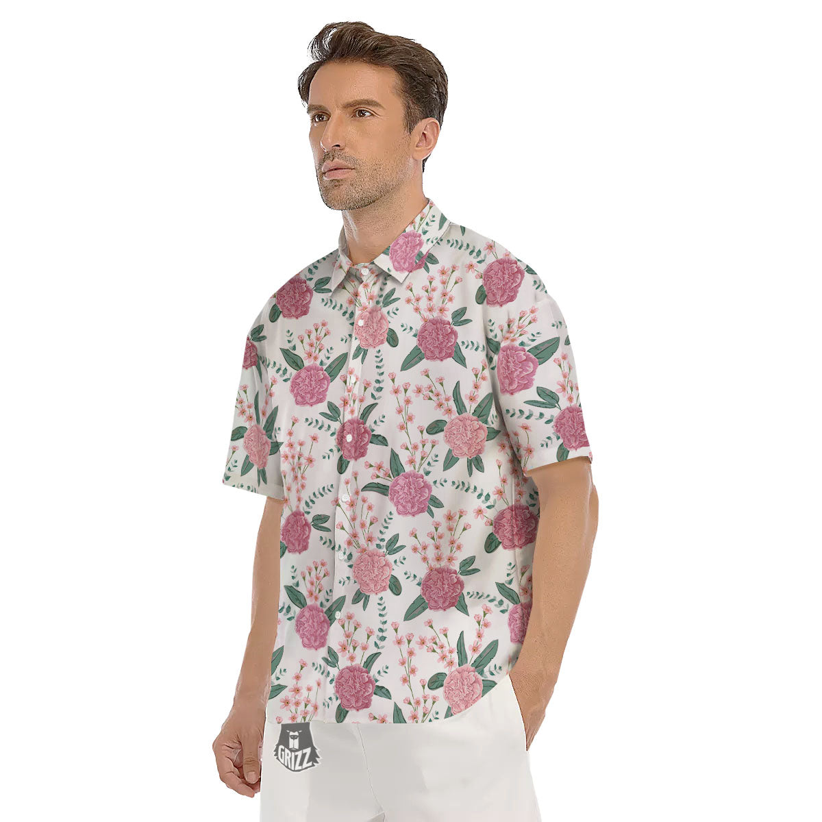 Pink Carnation White Print Pattern Men's Short Sleeve Shirts-grizzshop