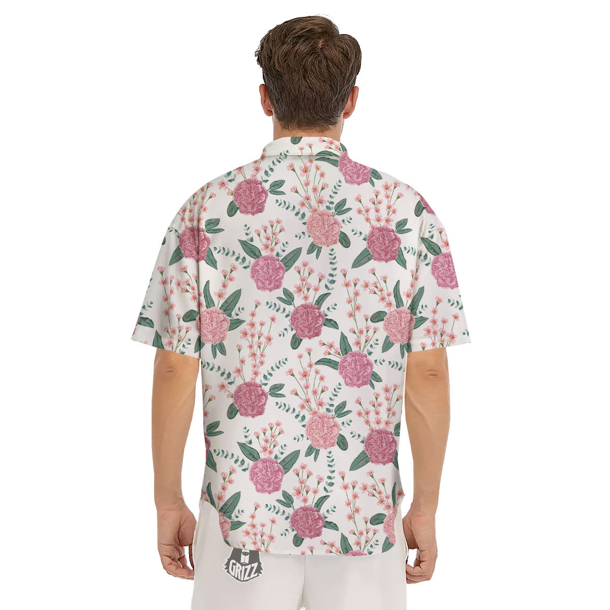 Pink Carnation White Print Pattern Men's Short Sleeve Shirts-grizzshop
