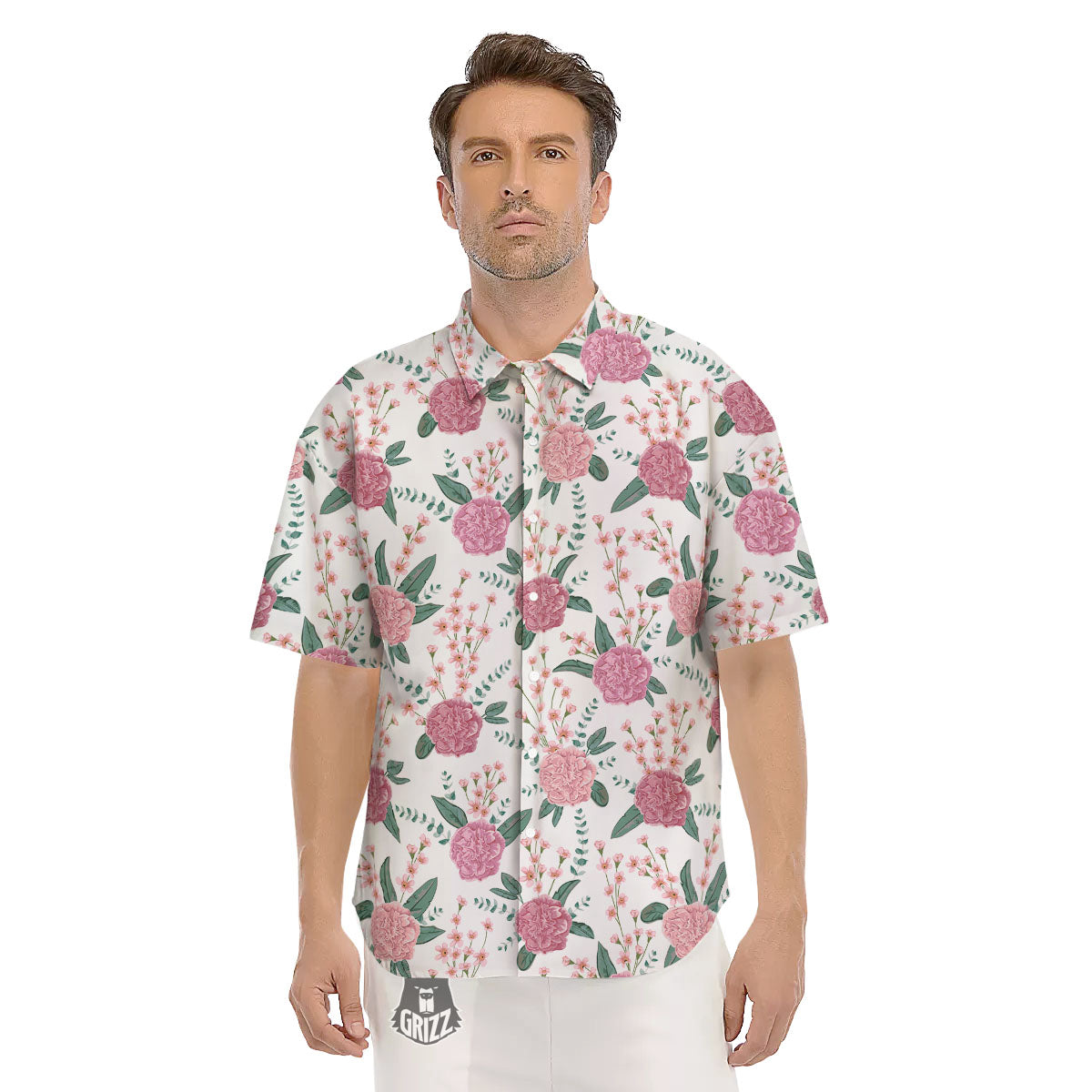 Pink Carnation White Print Pattern Men's Short Sleeve Shirts-grizzshop