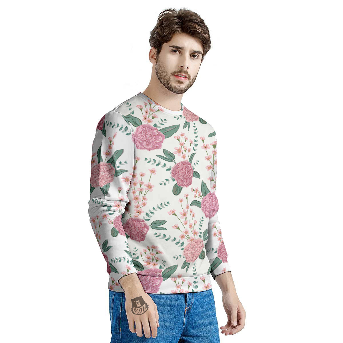 Pink Carnation White Print Pattern Men's Sweatshirt-grizzshop