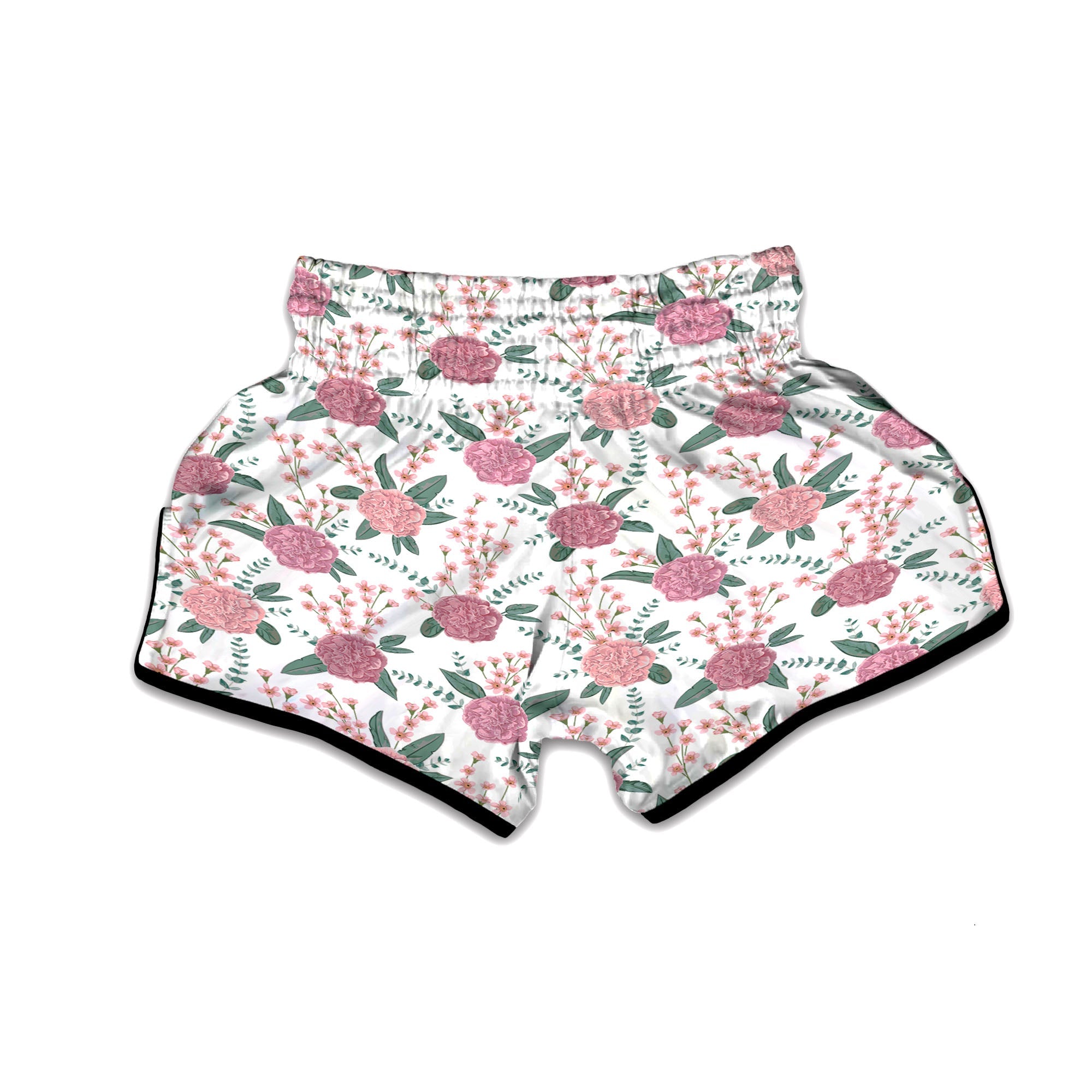 Pink Carnation White Print Pattern Muay Thai Boxing Shorts-grizzshop