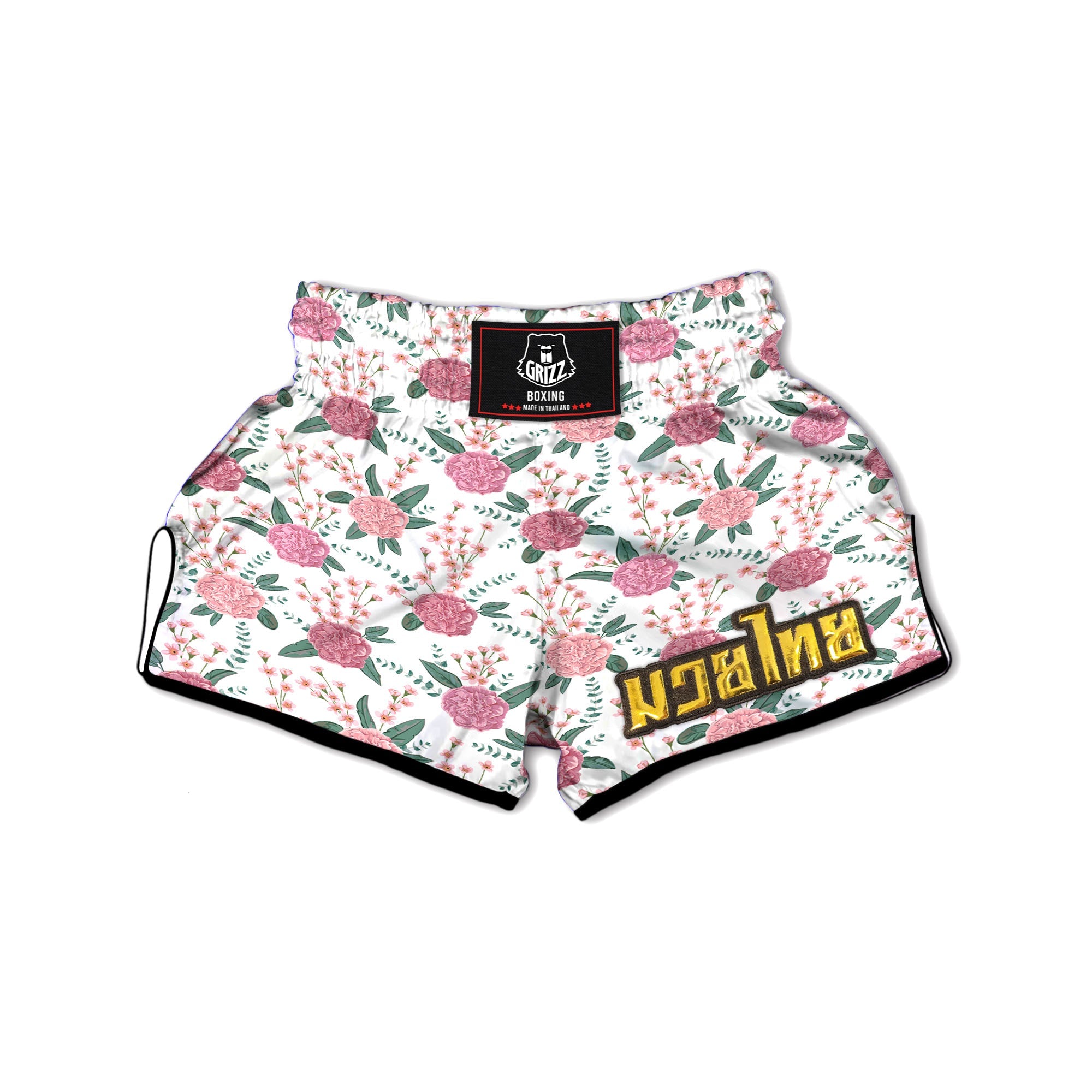 Pink Carnation White Print Pattern Muay Thai Boxing Shorts-grizzshop
