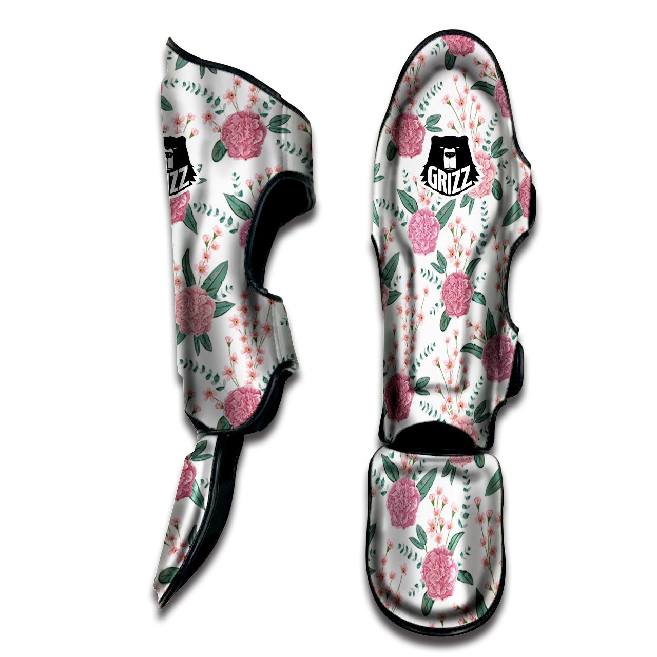 Pink Carnation White Print Pattern Muay Thai Shin Guards-grizzshop